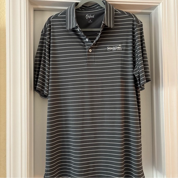 OXFORD AMERICA SEA SCAPE GOLF LINKS MENS MEDIUM POLO GREY WHITE STRIPES - Picture 2 of 14